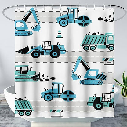 AILONEN Cartoon Kids Truck Shower Curtain,Waterproof Durable,Blue Forklift Truck Excavator Bath Curtain for Boys Girls,Construction Themed Bathroom Decor with 12 Plastic Hooks, 72" W x 78" H