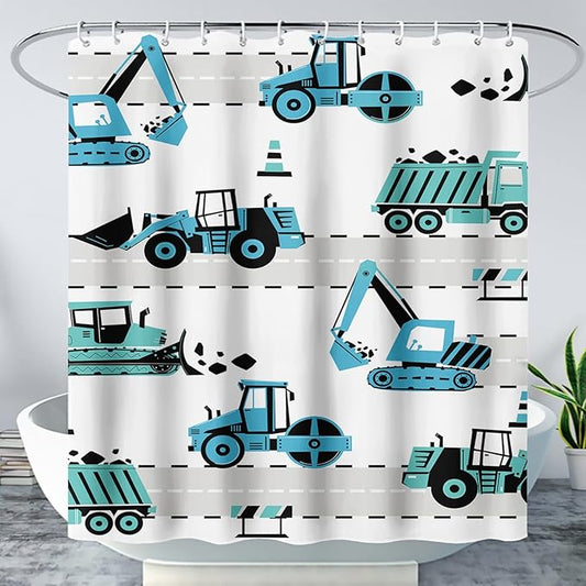 AILONEN Cartoon Kids Truck Shower Curtain,Waterproof Durable,Blue Forklift Truck Excavator Bath Curtain for Boys Girls,Construction Themed Bathroom Decor with 12 Plastic Hooks, 60" W x 72" H