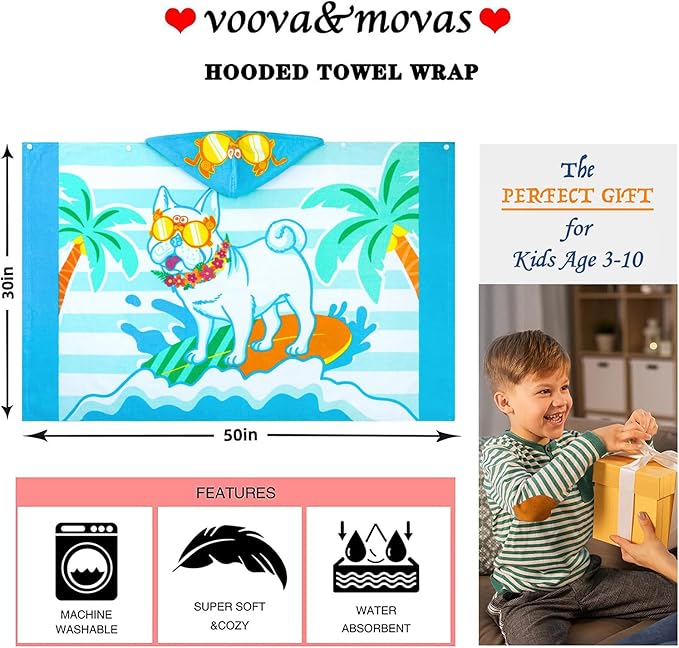 VOOVA & MOVAS Hooded Towels for Kids 3-10Years, Soft | Thick | 100% Cotton | Absorbent Towel Wrap, Perfect for Kids Beach, Pool, Bath, Swimming, Stripe Dog