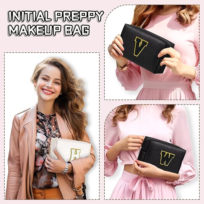 TOPEAST Travel Makeup Bag, Personalized Initial Toiletry Bag w Zipper, Cute Makeup Pouch, PU Leather Waterproof Cosmetic Bag, Birthday Gift for Daughter, Preppy Things for Girls (Black G)