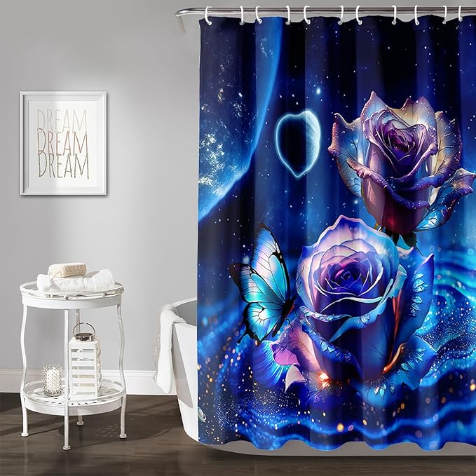 AILONEN Blue Rose Shower Curtain,Romantic Flower Bath Curtain for Girls Women,Blue Galaxy Starry Rose Floral Curtain for Bathroom Decor 72" W*84" H,Waterproof with 12 Plastic Hooks