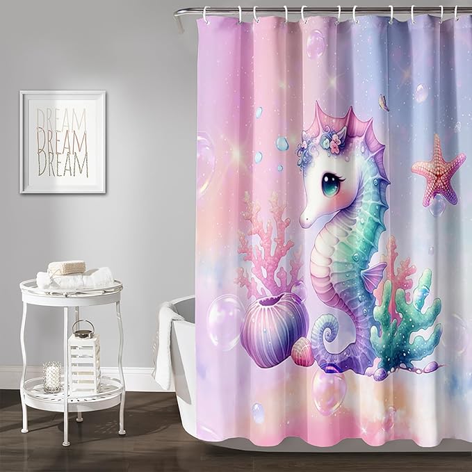 AILONEN Cute Seahorse Shower Curtain for Kids Girls,Rainbow Seahorse Bath Curtain,Ocean Coral Starfish Kawaii Shower Curtain Waterproof for Bathroom Decor with 12 Plastic Hooks, 72" W*96" H