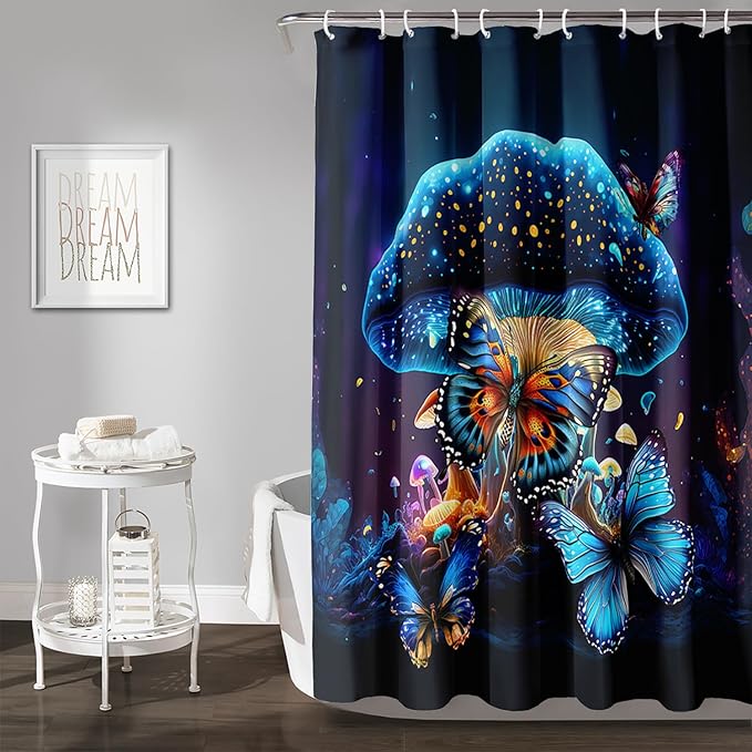 AILONEN Beautiful Butterfly Shower Curtain Bathroom 72" W*72" H Sparkly Blue Butterflies Curtain Cloth Fabric Bathroom for Girls Kids,Magic Mushroom Shower Curtain Set