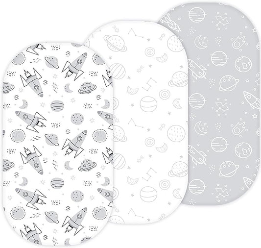 TansyPanda Bassinet Sheets for Baby Delight Snuggle Nest, Chicco LullaGo, Fisher-Price Soothing, SNOO Smart, 3PC, 18 x 30 Inch, Ultra Soft, Breathable, Snug Fit, Unisex Boys, Girls (Space Rockets)