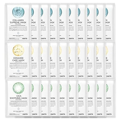 Hydrating Soothing Sheet Masks Gift Set for Skincare, Korean Vegan Sheet Mask for Dry, Sensitive Skin, Calming, Smoothing, Brightening, Collagen, Ceramide, Cica, Hyaluronic Acid 30EA