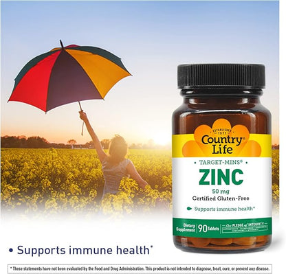 Country Life Target-Mins Zinc 50 mg 90 Tablets - Zinc Supplements for Immune Health - Zinc 50mg - Zinc Support
