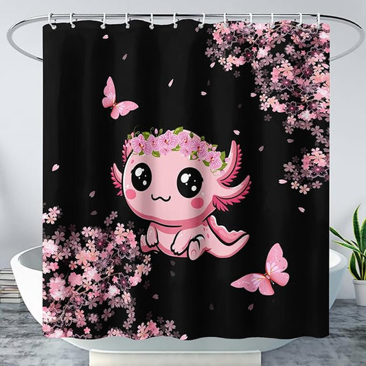 AILONEN Cute Cartoon Axolotl Kawaii Shower Curtain,Pink Cherry Blossom Floral Bath Curtain,Animal Axolotl Butterfly Waterproof Black Curtain for Bathroom, 72" W x 78" H