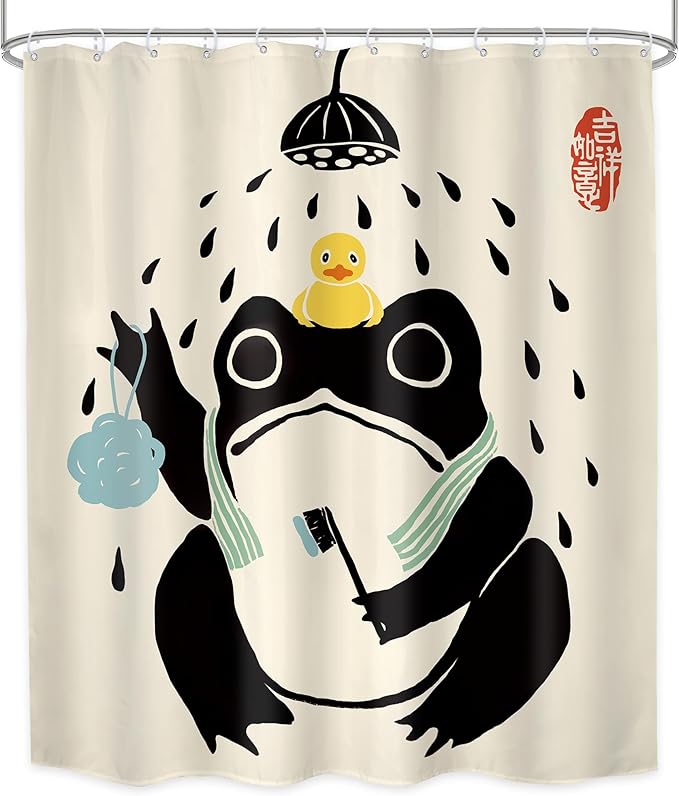 LGhtyro Funny Frog Shower Curtain Bathroom Set 60Wx71H Inches Cute Animal Bath Asian Style Traditional Japanese Art Rubber Duck Bath Accessories Retro Black Beige Art Home Decor Fabric 12 Pack Hooks