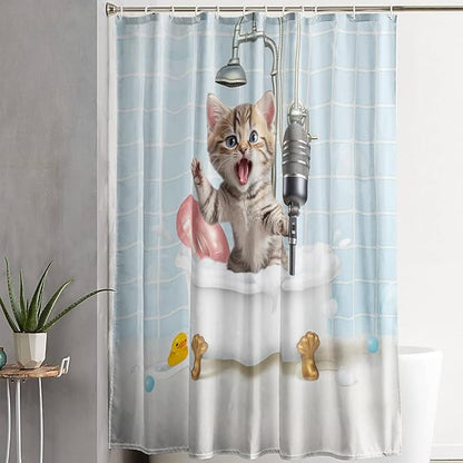 AILONEN Cute Shower Cat Shower Curtain for Kids Boys,Funny Singing Cat Waterproof Fabric Shower Curtain for Bathroom,Cartoon Bathing Kitten Animal Shower Curtain Set with Hooks,60" W*72" H