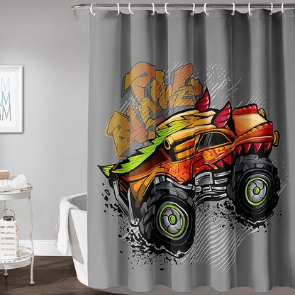 AILONEN Truck Shower Curtain for Kids Boys Teens,Red Monster Truck Bath Curtain for Bathroom Decor,Jam Truck Polyester Waterproof with 12 Plastic Hooks 72" W*96" H