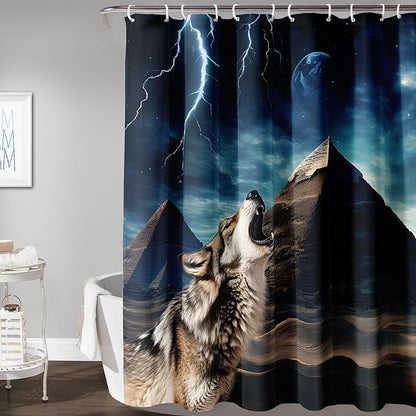 AILONEN Howling Wolf Shower Curtain,Retro Pyramid Evening Wolf Bath Curtain,Safari Wolf Curtain for Bathroom Decor,Polyester Waterproof with 12 Plastic Hooks 72" W*78" H
