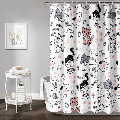 AILONEN Cat Shower Curtain, Cute Cat Cartoon Pet Cat Kitten Bathroom Curtain,Cat Paw Print Cat Lover Bath Curtain 72" W*96" H Polyester Waterproof Bathroom Curtain with 12 Hooks