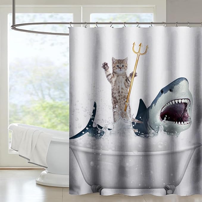 AILONEN 3D Bathtub Shark Shower Curtain for Kids 180 * 240 Inch,Cat Riding Shark in a Bathtub Shower Curtain,12 Pack Hooks Polyester Waterproof Fabric Decor for Bathroom Bathtub Panels