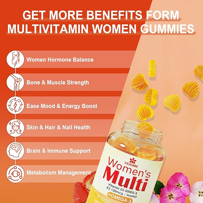 Womens Multivitamin Gummies, Sugar-Free Methylated Multivitamins w/D3 + K2, Vegan Omega 3, Algae Calcium, Daily Vitamin A C E B6 B12 Folate, Inositol, Minerals for Energy, Mood, Bone, Hormore, 60 Cts