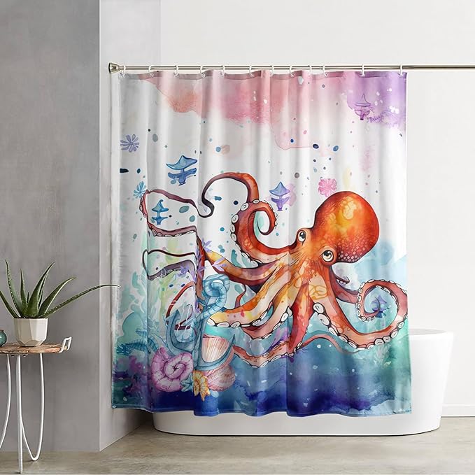 AILONEN Lovely Octopuses Shower Curtain Set, Red Cartoon Octopus Waterproof Fabric Shower Curtain for Bathroom,Watercolor Nautical Anchor Theme Cloth Bath Curtain with Hooks,72" Wx78 H