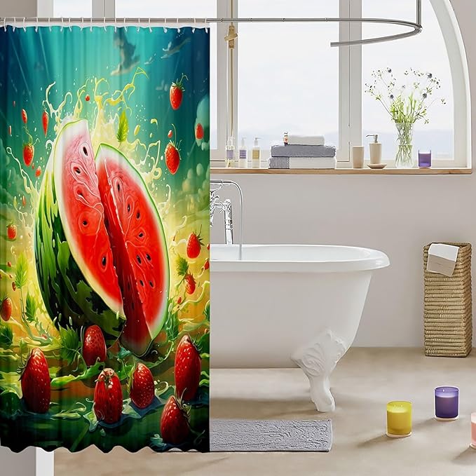 Feelyou Watermelon Shower Curtain Strawberry Fabric Shower Curtain for Kids Boys Girls Fruit Bathroom Waterproof Accessories with 12 Hooks Summer Curtains,72x72 Inches