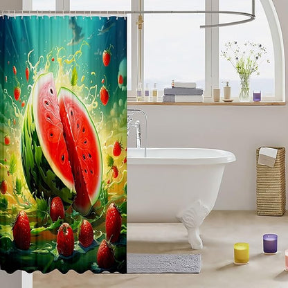 Feelyou Watermelon Shower Curtain Strawberry Fabric Shower Curtain for Kids Boys Girls Fruit Bathroom Waterproof Accessories with 12 Hooks Summer Curtains,72x72 Inches
