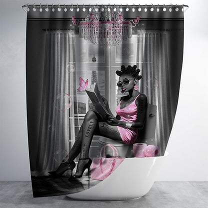 African American Shower Curtain Fashion Black Girl Shower Curtains for Bathroom Decor Grey Pink Waterproof Polyester Fabric Afro Black Women Bathroom Curtain with Hooks 55x72 Inch