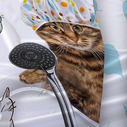 AILONEN Funny Cat with Shower Cap Shower Curtain for Kids 36" W*72" H Inch,Cute Cartoon Animals Bathroom Curtain,12 Pack Hooks Polyester Waterproof Fabric Decor for Bathroom,White