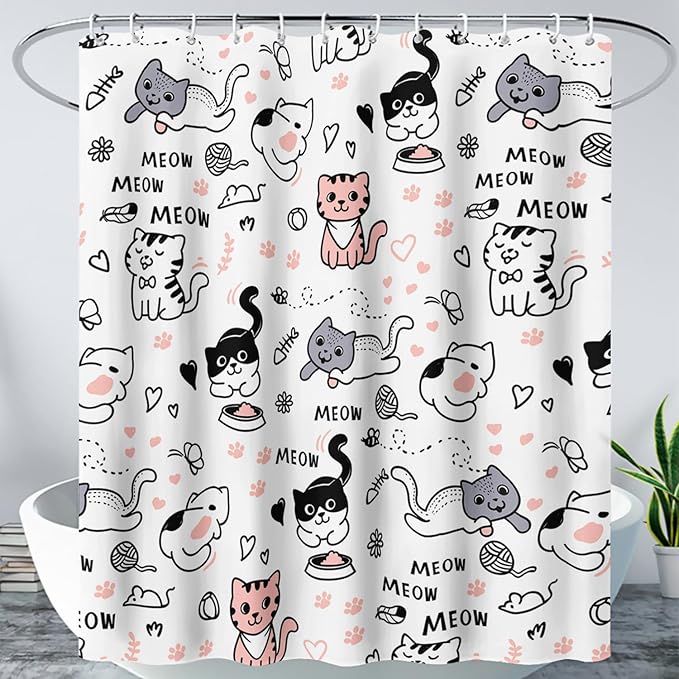 AILONEN Cat Shower Curtain, Cute Cat Cartoon Pet Cat Kitten Bathroom Curtain,Cat Paw Print Cat Lover Bath Curtain 72" W*96" H Polyester Waterproof Bathroom Curtain with 12 Hooks