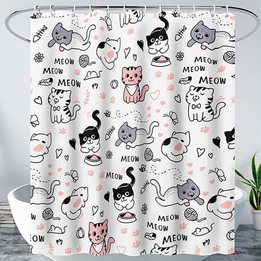 AILONEN Cat Shower Curtain, Cute Cat Cartoon Pet Cat Kitten Bathroom Curtain,Cat Paw Print Cat Lover Bath Curtain 72" W*96" H Polyester Waterproof Bathroom Curtain with 12 Hooks