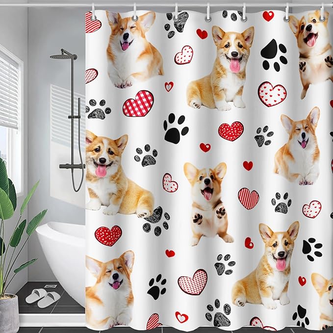 AILONEN Puppy Dog Shower Curtain for Bathroom,Cute Corgi Waterproof Bath Curtain,Pet Dog Kids Girls Dog Lover Curtain with 12 Plastic Hooks(72" W*78" H)