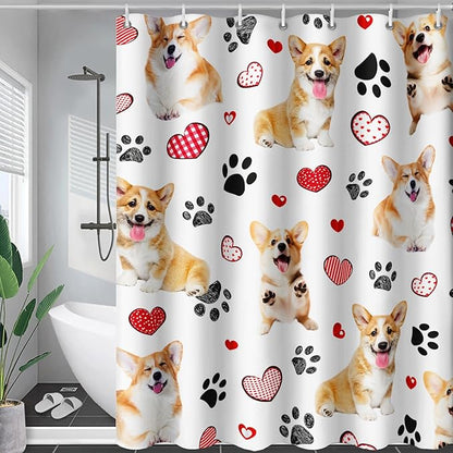 AILONEN Puppy Dog Shower Curtain for Bathroom,Cute Corgi Waterproof Bath Curtain,Pet Dog Kids Girls Dog Lover Curtain with 12 Plastic Hooks(72" W*78" H)