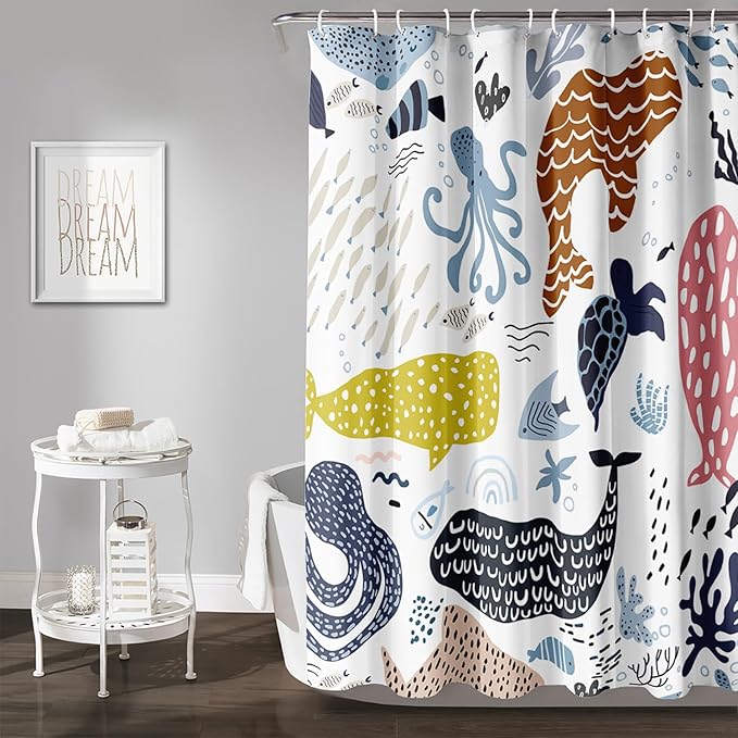 AILONEN Cartoon Dolphin Shower Curtain for Kids 36" W*72" H Inch,Colorful Whales Octopuses Pattern Shower Curtain,Marine Life Theme 12 Pack Hooks Polyester Waterproof Fabric Decor for Bathroom