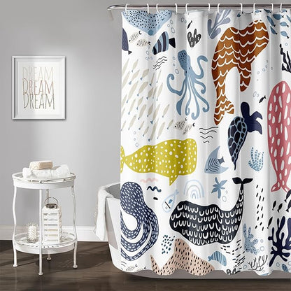 AILONEN Cartoon Dolphin Shower Curtain for Kids 36" W*72" H Inch,Colorful Whales Octopuses Pattern Shower Curtain,Marine Life Theme 12 Pack Hooks Polyester Waterproof Fabric Decor for Bathroom