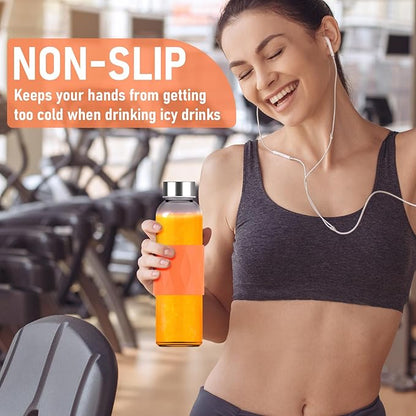 Clear Glass Water Bottles with Silicone Sleeve and Lids 18 oz, Reusable Glass Juice Bottles with Stainless Steel Airtight Cap for Juicing, Leak Proof Drinking Bottles, BPA Free, Set of 10