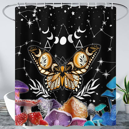 AILONEN Sun and Moon Shower Curtain,Death Moth Bath Curtain for Bathroom for Boys,Girls,Boho Hippie Style Shower Curtain,Colorful Mushroom Waterproof Fabric Shower Curtain Set with Hooks,72" W*96" H