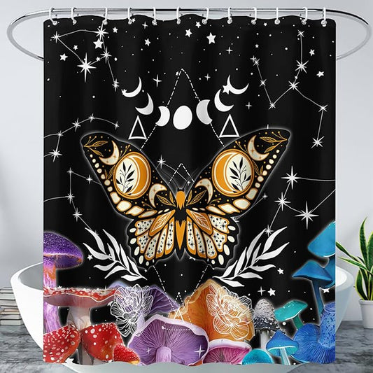 AILONEN Sun and Moon Shower Curtain,Death Moth Bath Curtain for Bathroom for Boys,Girls,Boho Hippie Style Shower Curtain,Colorful Mushroom Waterproof Fabric Shower Curtain Set with Hooks,48" W*72" H