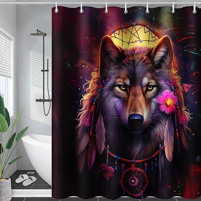 AILONEN 3D Wolf Dream Catcher Shower Curtain for Bathroom,Safari Wolf Printed Bath Curtain for Boys Men,Wildlife Decoration Shower Curtain Waterproof 60" W*72" H