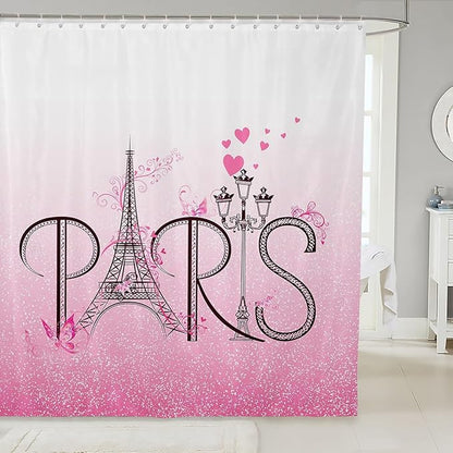 Feelyou Eiffel Tower Shower Curtain 72"x84" Kids Romantic Paris Bathroom Shower Curtain Set for Boys Girls Teens Ombre Pink Butterfly Bath Curtain Modern French Bathroom Accessories