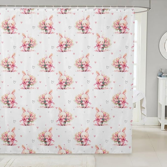 Cute Rabbits Kids Shower Curtains,Tulip Flowers Love Heart Romantic Bathroom Curtains for Girls Boys,Happy Easter Cartoon Animals Pink Kawaii Waterproof Curtains,12 Hooks Suits,72" W x 78" L