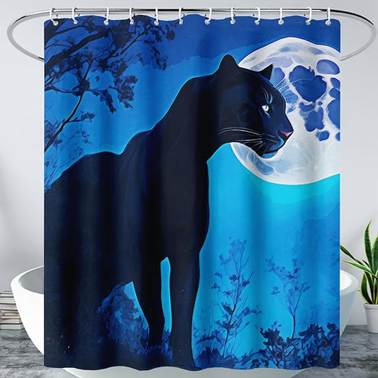 AILONEN Black Panther Shower Curtain,Evening Moon Leopard Bath Curtain for Women,Wildlife Cheetah Polyester Waterproof for Bathroom,72" W*96" H with 12 Plastic Hooks