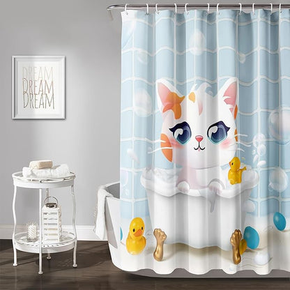 AILONEN Cartoon Bathtub Cat Shower Curtain for Kids 48" W*72" H Kawaii Shower Kitten and Duck Shower Curtain,Polyester Waterproof Fabric Decor for Bathroom Bathtub Panels