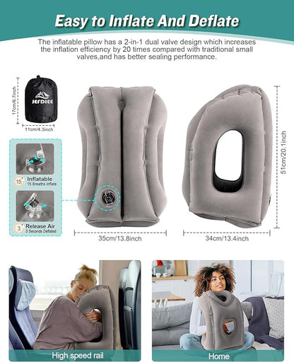 JefDiee Inflatable Travel Pillow for Airplanes, Airplane Neck Pillow Comfortably Supports Head and Chin for Airplanes, Trains, Cars and Office Napping (Grey)
