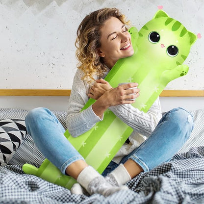 Long Cat Plush Kawaii Kids Plush Toy Pillows, Cute Cat Stuffed Animals Soft Plushies, Kitten Big Plush Toys Throw Body Pillow Doll Gift for Girls Boys (Cactus Cat 44 Inch)
