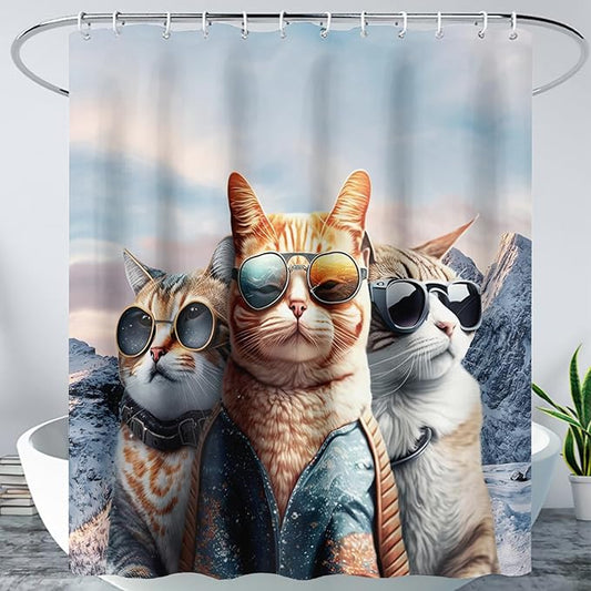 AILONEN 3D Cat Shower Curtain,Cartoon Funny Kitten Shower Curtain Set for Kids Boys Girls,Cat Lovers Animal Shower Curtain with Hooks for Bathroom,72" W*72" H