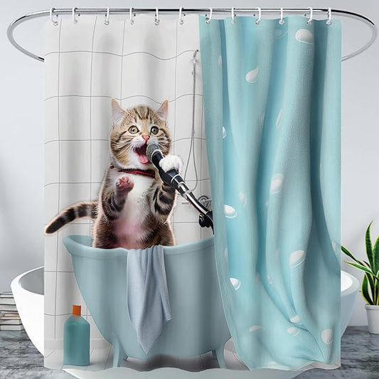 AILONEN Cartoon Shower Cat Shower Curtain for Kids Boys,Funny Singing Cat Waterproof Fabric Shower Curtain for Bathroom,Lovely Hilarious Pet Shower Curtain Set with Hooks,72" W*72" H