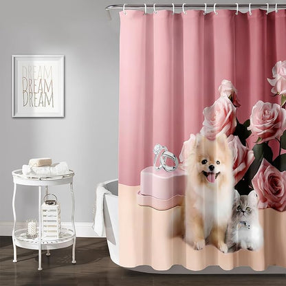 AILONEN Girls Pink Shower Curtain for Bathroom, Rose Flower and Cute Kawaii Dog Cat Pattern Bathroom Decor 72" W*72" H Bath Curtain Polyester Waterproof Shower Curtain with 12 Hooks