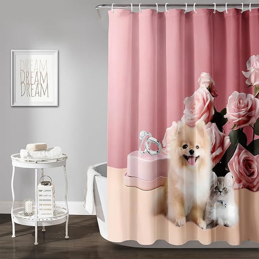 AILONEN Girls Pink Shower Curtain for Bathroom, Rose Flower and Cute Kawaii Dog Cat Pattern Bathroom Decor 72" W*72" H Bath Curtain Polyester Waterproof Shower Curtain with 12 Hooks