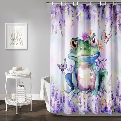 AILONEN Frog Shower Curtain, Tie Dye Lavender Flower Bath Curtain,Tie Dye Frog Bathroom Curtain Decor,Cute Frog Polyester Waterproof 72" W*96" H Shower Curtain (12 Hooks)