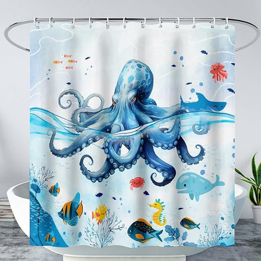 AILONEN Blue Octopuses Shower Curtain Set, Cartoon Octopus Creature Waterproof Fabric Shower Curtain,Ocean Animal Cloth Bath Curtain,Watercolor Blue Shower Curtain Liner with Hooks,60" Wx72 H