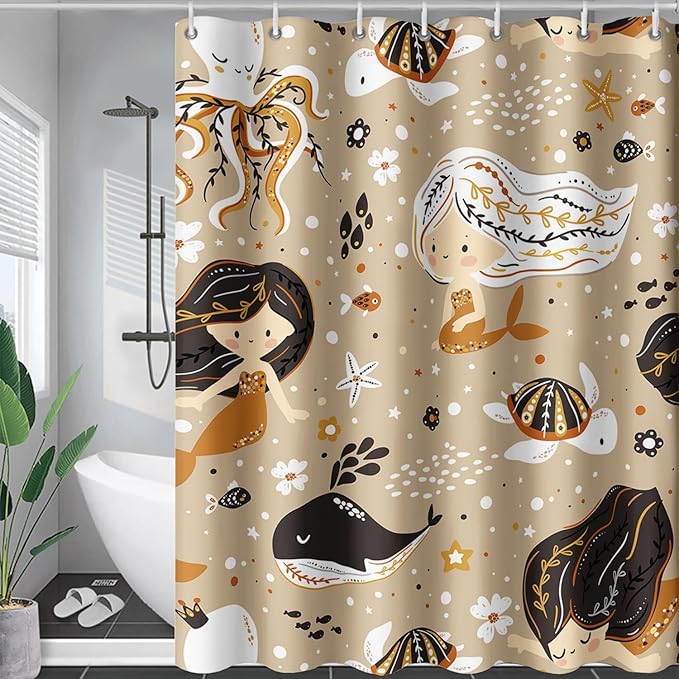 AILONEN Mermaid Shower Curtain,Octopus Whale Retro Mermaid Bath Curtain,Ocean Beach Polyester Waterproof for Bathroom,72" W*84" H with 12 Plastic Hooks