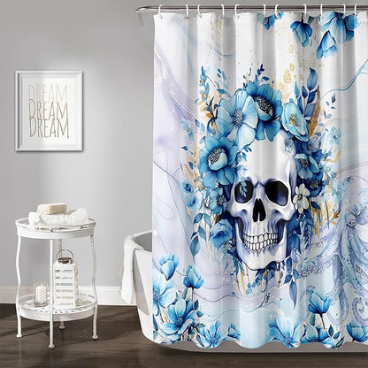 AILONEN Sugar Skull Blue Shower Curtain, Watercolor Floral Skull Octopus Printed Bath Curtain,Bathroom Waterproof Shower Curtain for Boys Girls 36" W x 72" H,with 12 Plastic Hooks