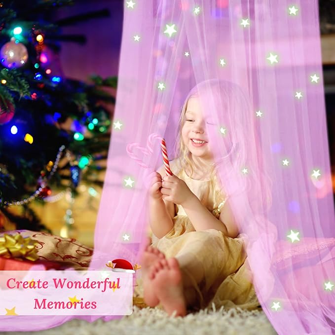 South to East Princess Bed Canopy for Girls with Glowing Stars, Pink Canopy for Girls Room, Bed Canopy Curtains from Ceiling for Twin Beds, Full Size Beds, Ideal Gift for Girls, Fire Retardant Fabric