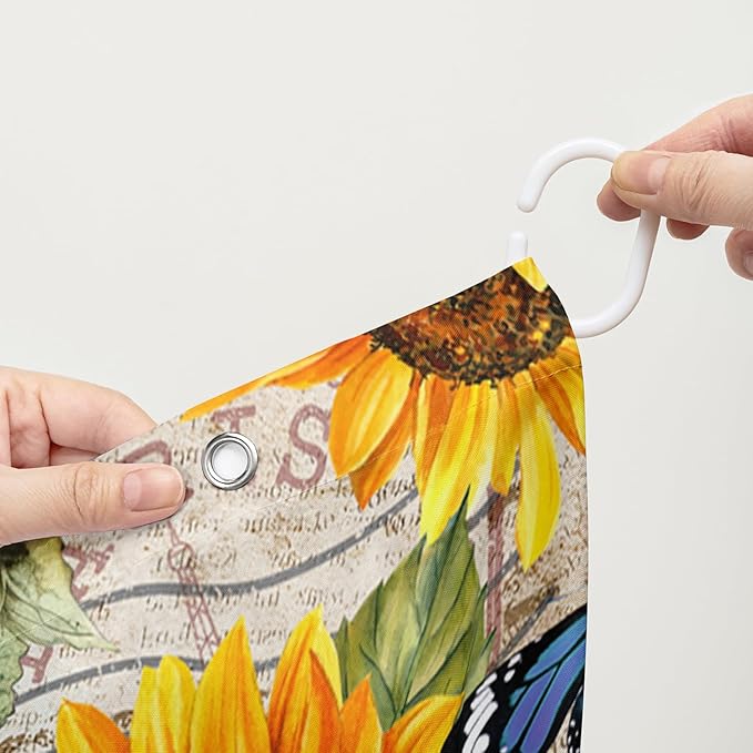 AILONEN Girls Sunflower Shower Curtain,Butterfly Sunflower Bath Curtain for Kids Women,Vintage Yellow Flower Decor Bathroom Curtain with 12 Plastic Hooks, 72" W x 72" H