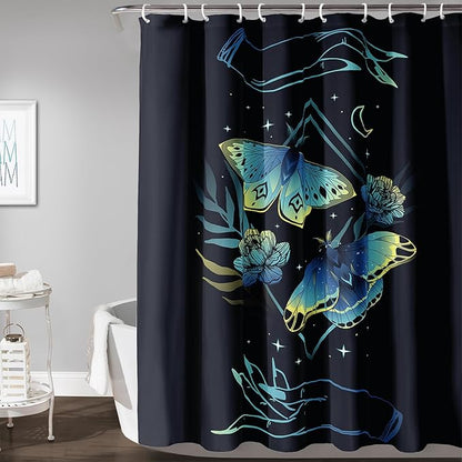 AILONEN Blue Moth Shower Curtain,Flora Death Moth Bath Curtain for Bathroom Decor,Polyester Waterproof with 12 Plastic Hooks 72" W*84" H